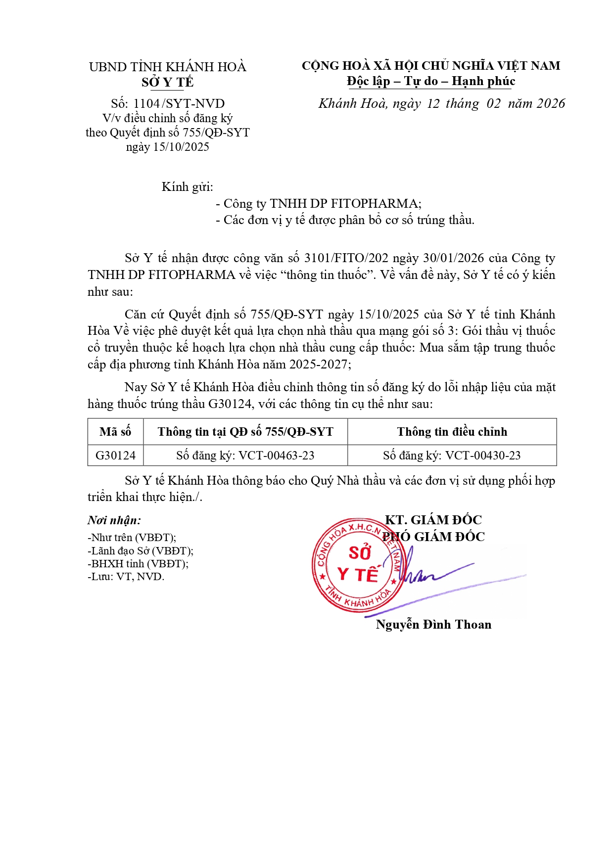 V/v điều chỉnh số đăng ký theo Quyết định số 755/QĐ-SYT ngày 15/10/2025